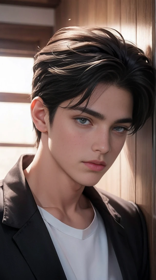 Um homem, 17 anos, branco, cabelos loiros, olhos cor de rosa.