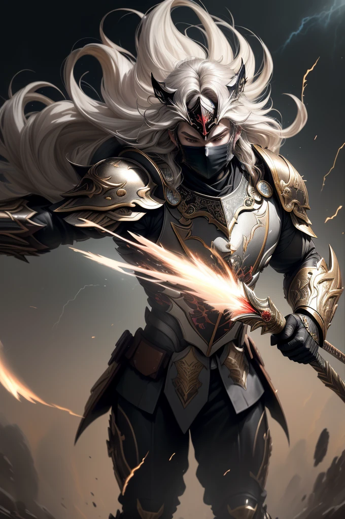 (Huo Qu disease),((shining armor)),(armor)),((Huge pistol)),masterpiece,(best quality),((full body)),moody,(高度细节的CGwallpaper),16K UHD,The gaze is like a torch,(shiny large black eyes),Eyes with exquisite details,((Exquisite facial expressions)),((long eyelashes))),((Heroic)),Red pupils,Classical temperament,Anime boys,(Beautiful and exquisite colorful shirt),((Lace black face mask)),intricate long hair,Unparalleled luxury decoration,Volumetric lighting,((Behind him is the battlefield)),Bend bow and shoot arrows,Tyndall effect,Doomsday atmosphere,smoke of gunpowder,best quality,(masterpiece),(Masterpiece),wallpaper,(illustration),Original,Delicate accessories,flowing long hair,Messy hair,ash,fine details,Watercolor effect,splash ink,heavily clouded,rolling lightning,Temperament confidence,男子whole body,arrogant,enthusiasm,,(whole body),Dreamy and beautiful,depth of field,macro lens,King's temperament,hyper-realistic,lifelike, ((photorealism )) --ar 9:20 --q 2 --niji 5