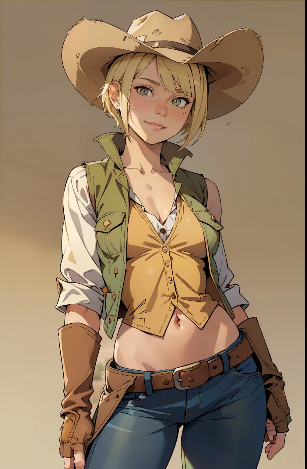 1girl, cowboy hat, naked breasts, ((open vest)), green vest, no sleeves, navel, blue jeans, brown boots, fingerless gloves, short gloves, slight smile, short hair, blonde hair, parted bangs, white eyes, mole under right eye, wild West background, sunny desert background, belt, best quality, masterpiece