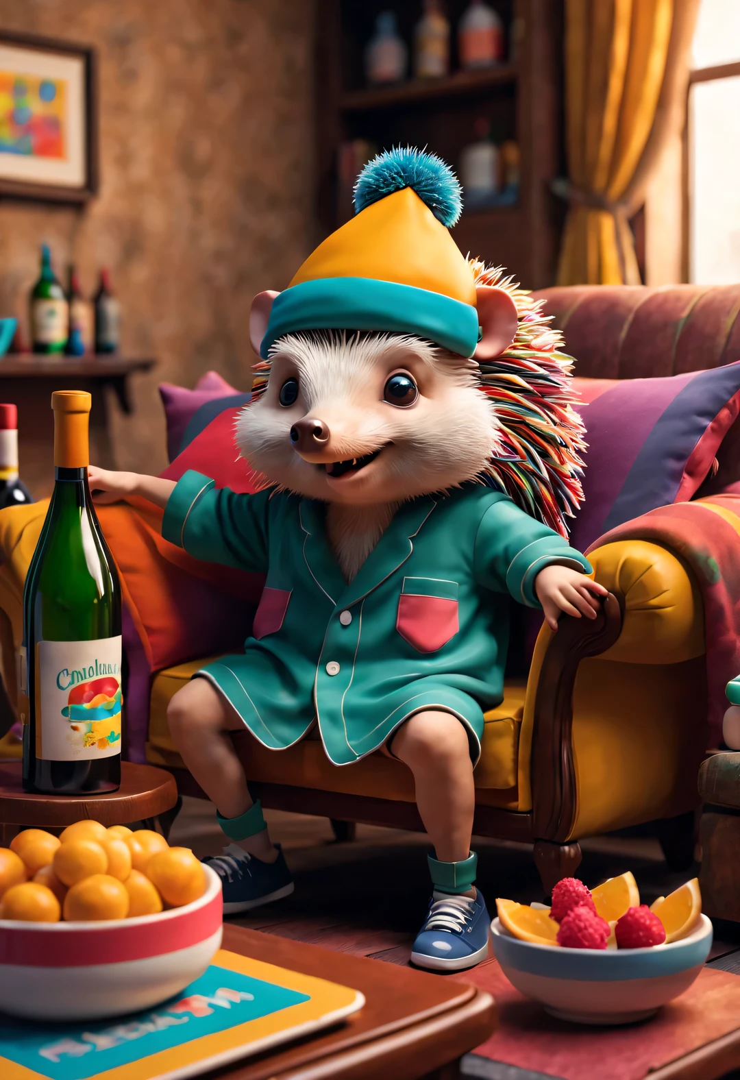 Chalkboard style, With folk art style, (Cute little hedgehog curled up on the sofa drinking water), beautiful details, (Exaggerated magnum), (Get colorful and trendy hair or back tattoos,) (Wearing hip-hop style pajamas, Wearing an exaggerated nightcap,) (Wearing a mask on the face, Big, soft pillow,) There are many snacks and colorful drink bottles on the ground, detailed details, background: Comfortable and comfortable living room 3D rendering, happy light, cartoon, illustration, Pixar, Japanese cartoons, ultra high definition, high quality, 32k, interesting,