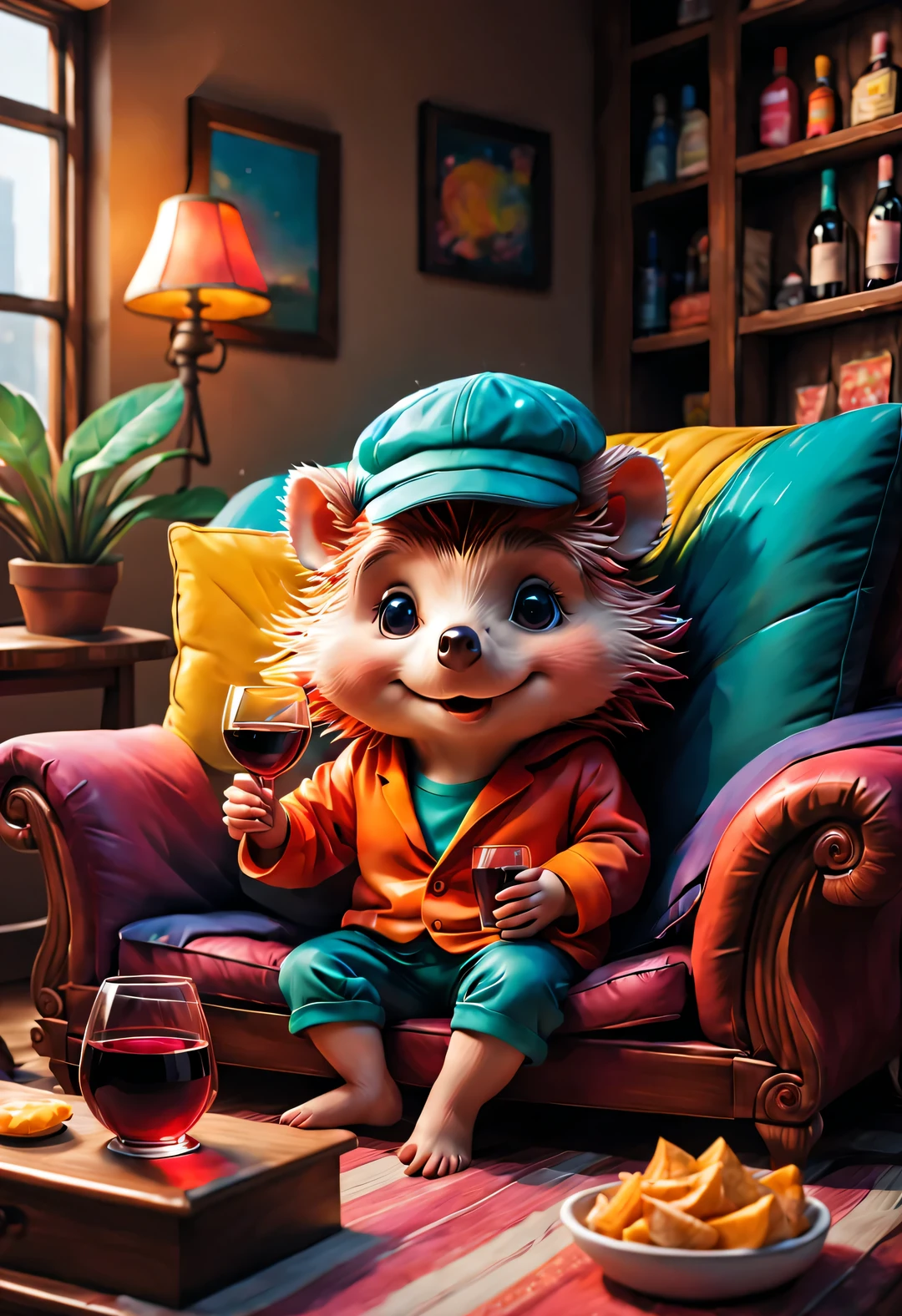 Chalkboard style, With folk art style, (Cute little hedgehog curled up on the sofa drinking water), beautiful details, (Exaggerated magnum), (Get colorful and trendy hair or back tattoos,) (Wearing hip-hop style pajamas, Wearing an exaggerated nightcap,) (Wearing a mask on the face, Big, soft pillow,) There are many snacks and colorful drink bottles on the ground, detailed details, background: Comfortable and comfortable living room 3D rendering, happy light, cartoon, illustration, Pixar, Japanese cartoons, ultra high definition, high quality, 32k, interesting,
