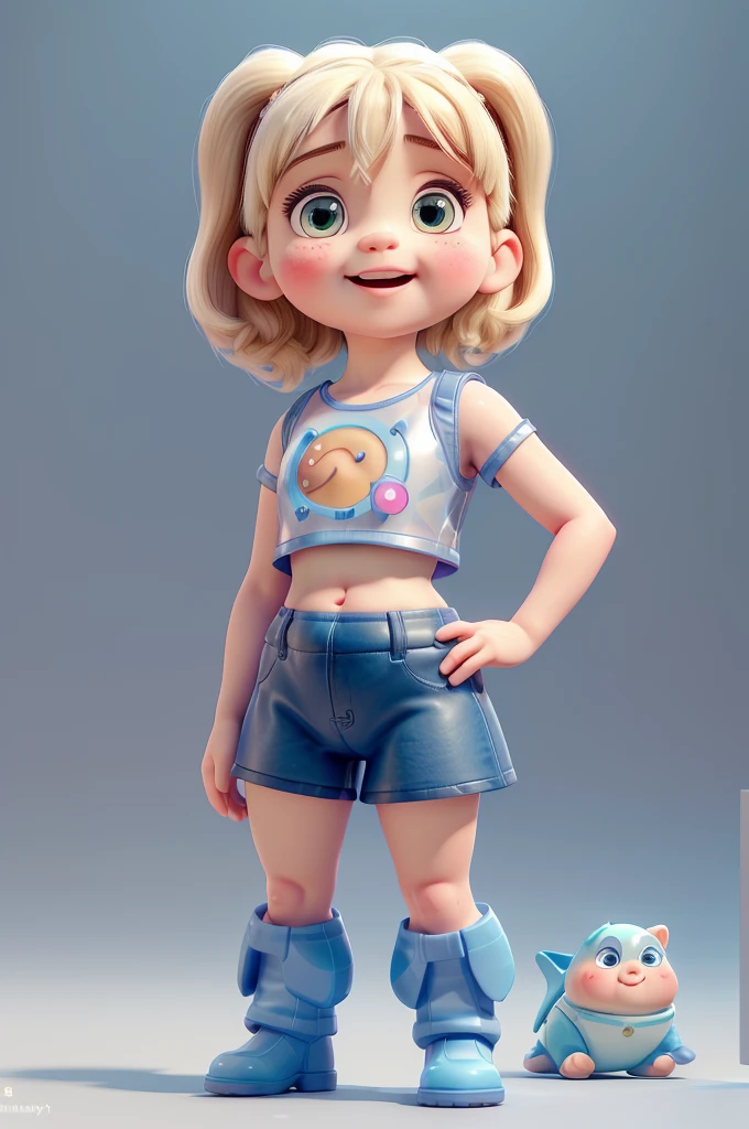 A little girl，Innocent and adorable，Baby fat oval face，big bright eyes，Dumb cute，naughty，Midriff-baring transparent tank top，low crotch hot pants，Show belly button，，small leather boots，Beautiful two-dimensional，Thick coating，Ultra-high-definition CG，3D rendering，C4D，ultra HD16k