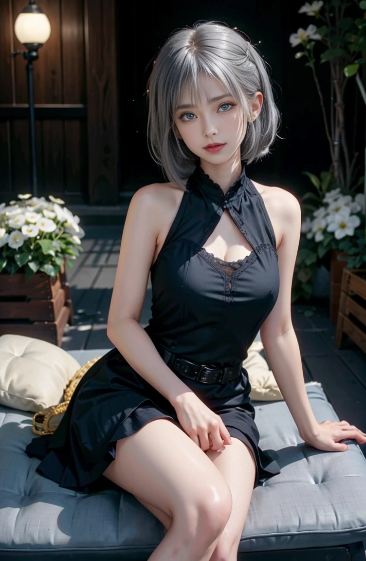 (surreal, High resolution, highest quality, 4K, Professional, cowboy shot), Full HD illustration showcasing the cool style of a 21-year-old girl, Beauty eyes, clear eyes. Her asymmetrical pixie hairstyle, silver hair, short hair, And left-facing bangs with red highlights make her stand out. She is dressed in a fashionable party black dress, night, moon, tea party, sitting, tea party on the table, flower garden, Exude confidence and personality.