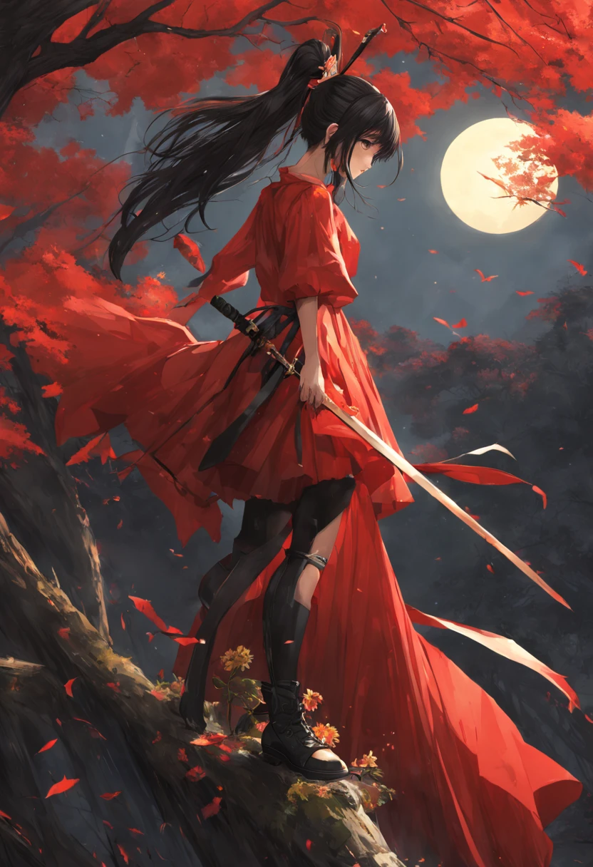 (best quality), ((masterpiece)), (highres), illustration, original, extremely detailed,licg, 1girl, bird, black hair, ponytail, thighhighs, long hair, solo, red dress, weapon, dress, tree, sword, boots, hair ornament, moon