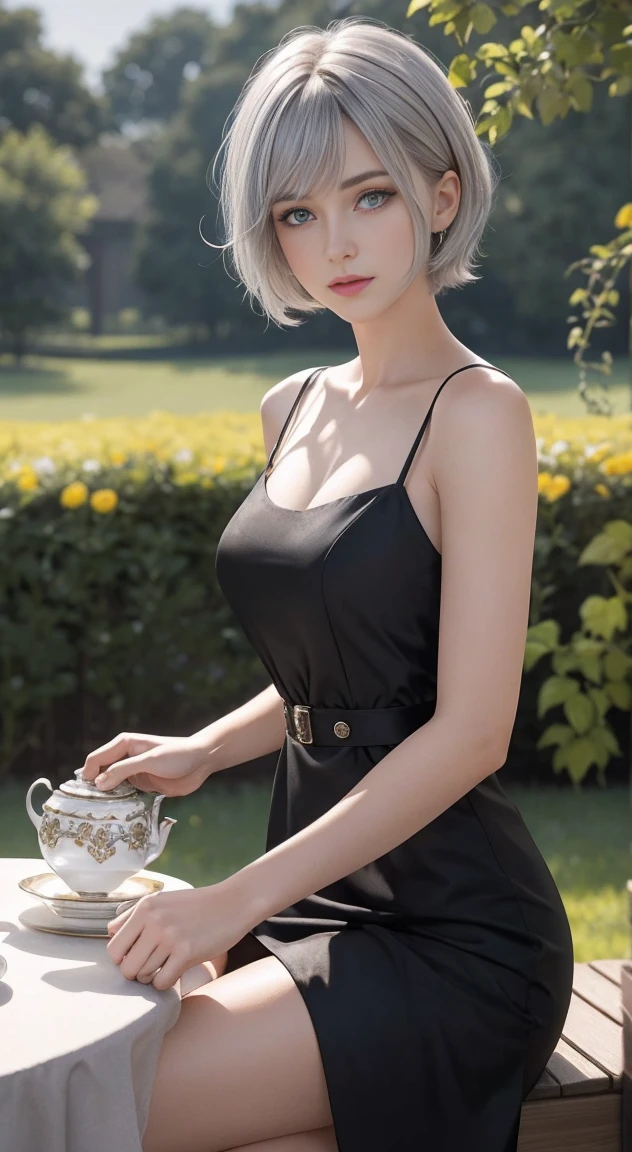(surreal, High resolution, highest quality, 4K, Professional, cowboy shot), Full HD illustration showcasing the cool style of a 21-year-old girl, Beauty eyes, clear eyes. Her asymmetrical pixie hairstyle, silver hair, short hair, And left-facing bangs with red highlights make her stand out. She is dressed in a fashionable party black dress, night, moon, tea party, sitting, tea party on the table, flower garden, Exude confidence and personality.