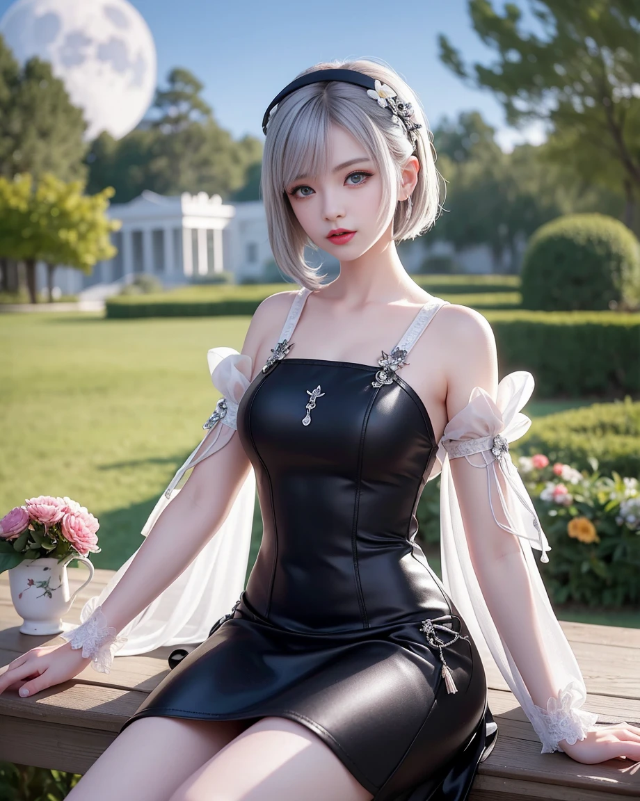 (surreal, High resolution, highest quality, 4K, Professional, cowboy shot), Full HD illustration showcasing the cool style of a 21-year-old girl, Beauty eyes, clear eyes. Her asymmetrical pixie hairstyle, silver hair, short hair, And left-facing bangs with red highlights make her stand out. She is dressed in a fashionable party black dress, night, moon, tea party, sitting, tea party on the table, flower garden, Exude confidence and personality.
