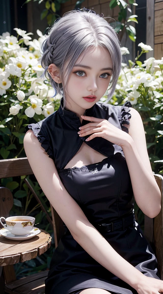 (surreal, High resolution, highest quality, 4K, Professional, cowboy shot), Full HD illustration showcasing the cool style of a 21-year-old girl, Beauty eyes, clear eyes. Her asymmetrical pixie hairstyle, silver hair, short hair, And left-facing bangs with red highlights make her stand out. She is dressed in a fashionable party black dress, night, moon, tea party, sitting, tea party on the table, flower garden, Exude confidence and personality.