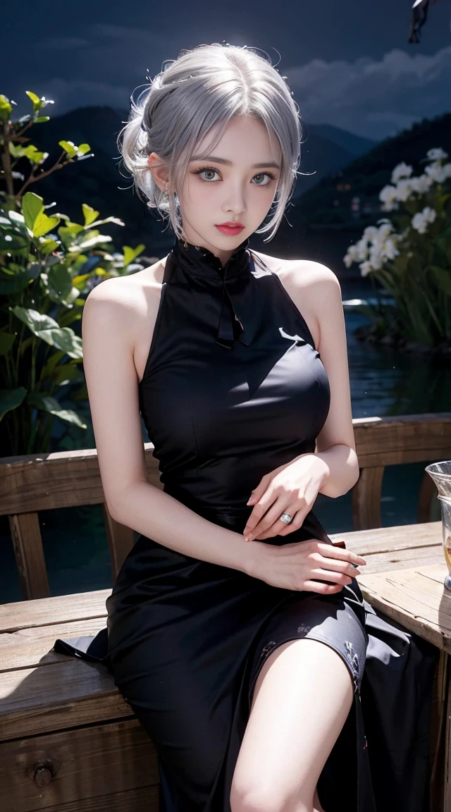 (surreal, High resolution, highest quality, 4K, Professional, cowboy shot), Full HD illustration showcasing the cool style of a 21-year-old girl, Beauty eyes, clear eyes. Her asymmetrical pixie hairstyle, silver hair, short hair, And left-facing bangs with red highlights make her stand out. She is dressed in a fashionable party black dress, night, moon, tea party, sitting, tea party on the table, flower garden, Exude confidence and personality.