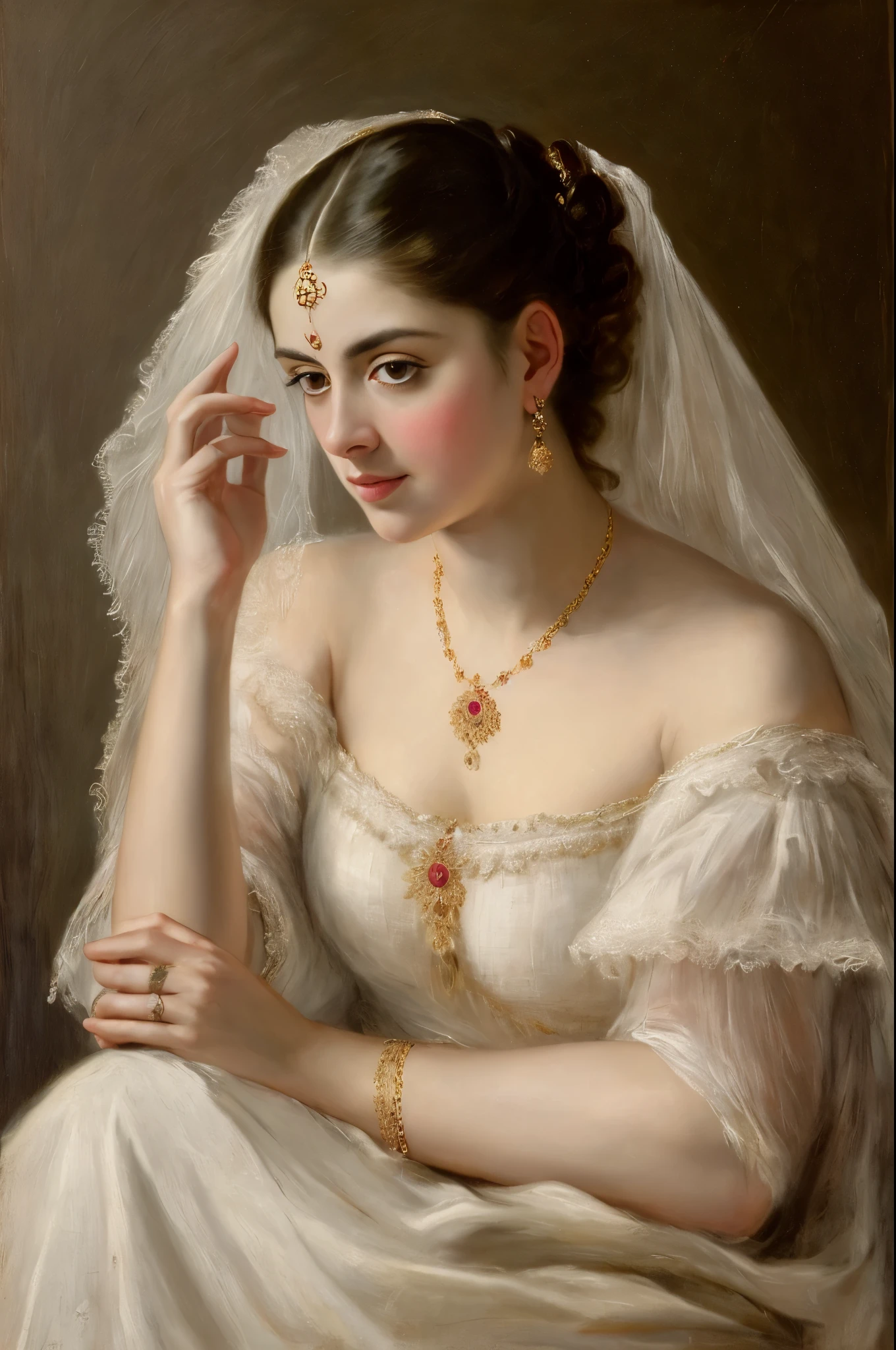 Best quality, highly detailed, masterpiece, Indian princess, Rajkanya, royal clothes, Masterpiece, extremely gorgeous woman, matchless Beauty, portrait, pierced eyes, Peter Paul Rubens style, Woman, off shoulder bandeau crop blouse, beautifully styled hair, fluffy hair, middle ages, classicism, andrey atroshenko style, painting, long hair, styled hair, traditional media, realistic, figurative, fine art, detailed Art, oil on canvas, HDR, 8K, original character, high resolution, high detail, focus on the face, intricate, flawless, fluffy hair, Peter Paul Rubens style, By Peter Paul Rubens, sharp picture, no crown