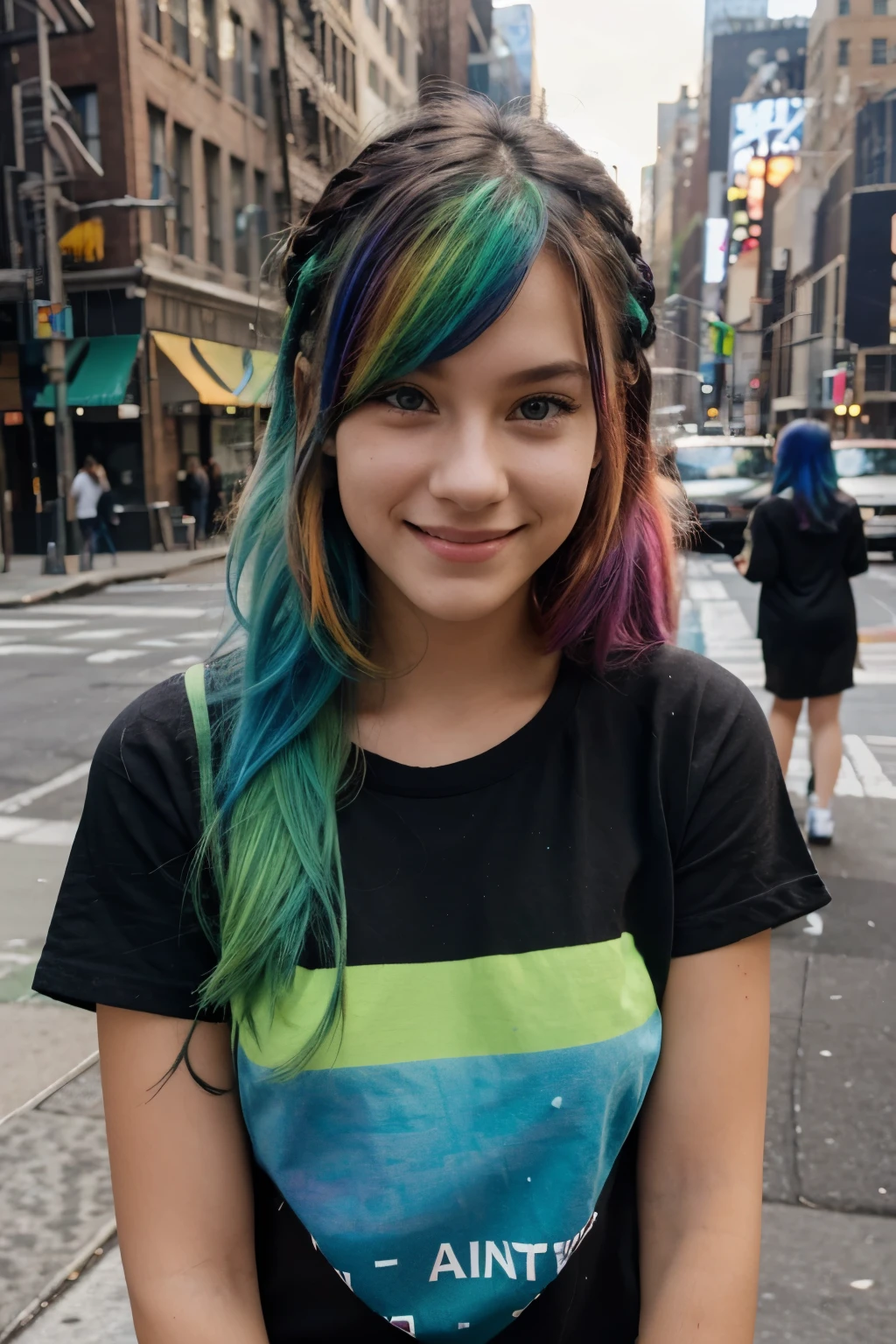 cute, , 22 y/o, bright rainbow dyed hair, black shirt, square to camera, new york city, flirtatious smile, bright green eyes