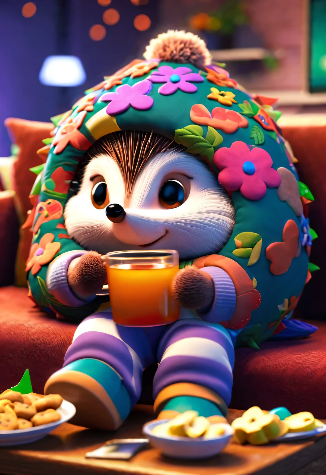 With folk art style, (A cute little hedgehog curled up on the sofa drinking wine), (Drunken expression: 0.9), beautiful details, (Exaggerated large bottle of wine: 0.65), (Colorfully dyed trendy hair or back tattoos,) (Wearing hip-hop style pajamas,Wearing an exaggerated nightcap,) (mask on face: 0.8), (A big one, soft, flower cushion. ) There are many snacks and colorful drink bottles on the floor, Background details: 3D rendering of warm and cozy living room,Comes with happy lights, Cartoon, illustration, Pixar, Japanese cartoons, ultra high definition, high quality, 32k, interesting