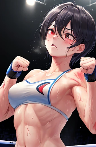 During a match in the ring, an opponent&#39;s fist pierces his stomach.、Beautiful girl idol mixed martial artist vomiting。whole body。Sweat。muscle。six pack。naked。scratch。Bruise。shortness of breath。