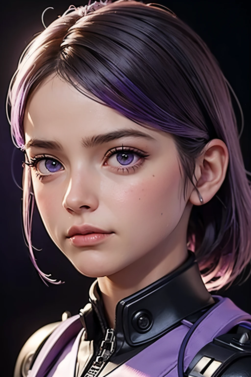 reporter woman with spiked violet hair and white cybernetic eyes in military clothes