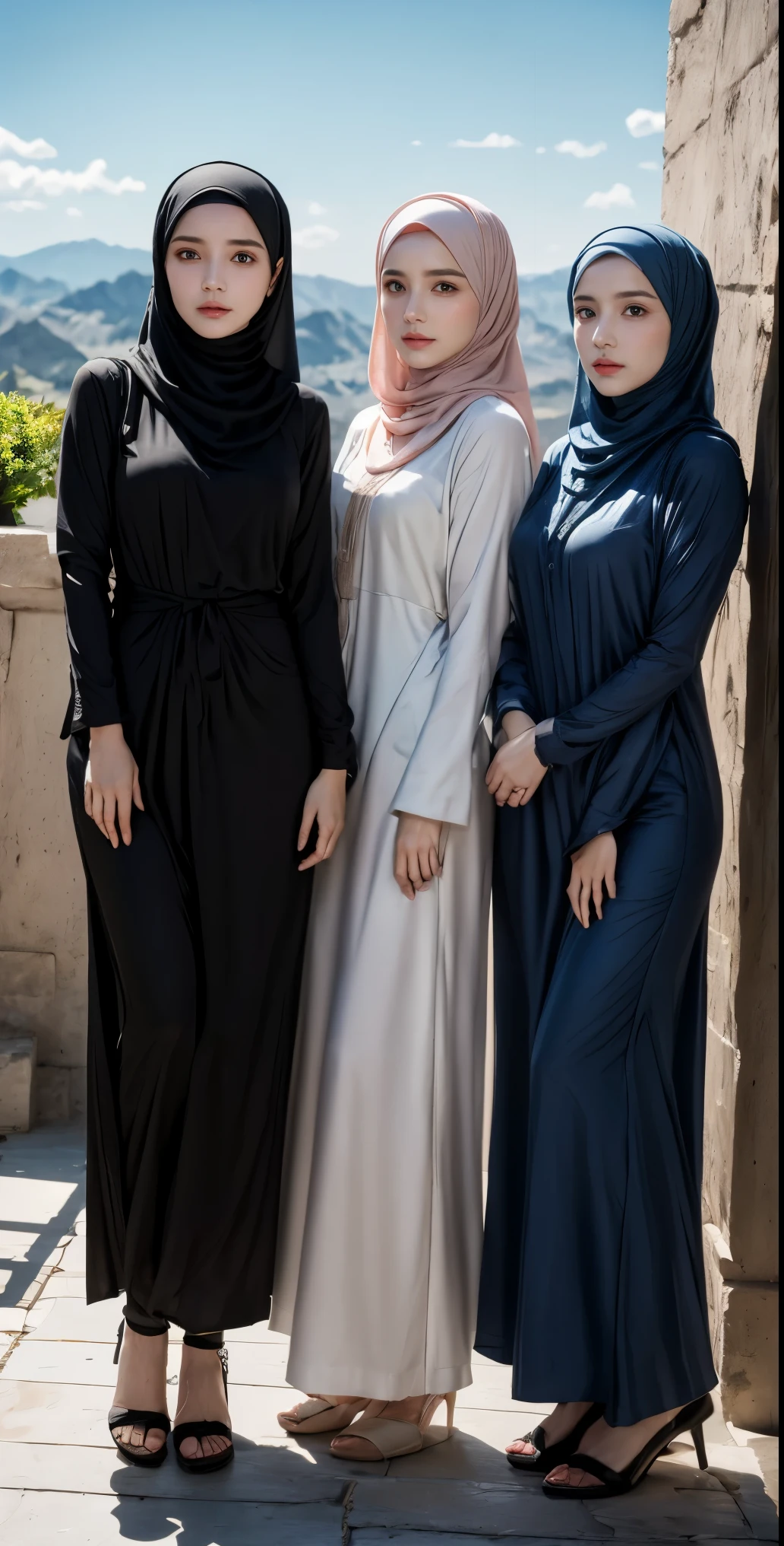 masutepiece, Best Quality, Illustration, Ultra-detailed, finely detail, hight resolution, 8K Wallpaper, Perfect dynamic composition, Multiple people, (3 girls taking photos), Beautiful detailed eyes,  Natural Lip, Wear hijab moslem, fancy jubba thobbe, photo full body, view of the blue sky, close-up photo