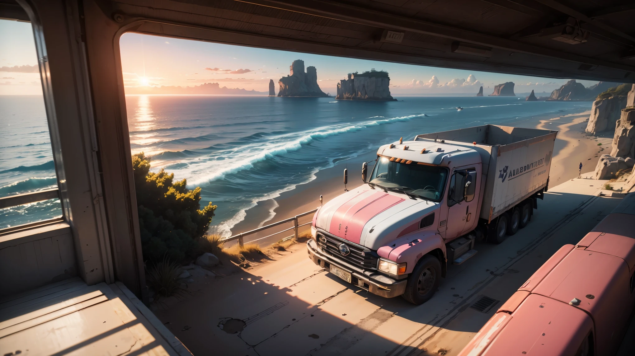 8K Wallpaper,masterpiece,best quality, illustration,side focus:1.5,((White, silver and light pink convoy truck)), in the style of cyberpunk, eccentric character, Albert Dubois Pilet, Huge scale,Stop along the coastline at sunrise