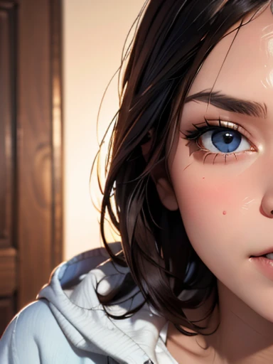 (((HD photo))), ultra high res.photorealistic:. 1.4, UHD, masterpiece, trending on artstation, upper body shot, close up shot of her face and cleavage, pretty, cute girl, most beautiful in the world, perfect hips, soft, delicate, long dark hair, slim body, large breasts, nsfw, wearing grey hoodie, sunkissed, apartment interior background