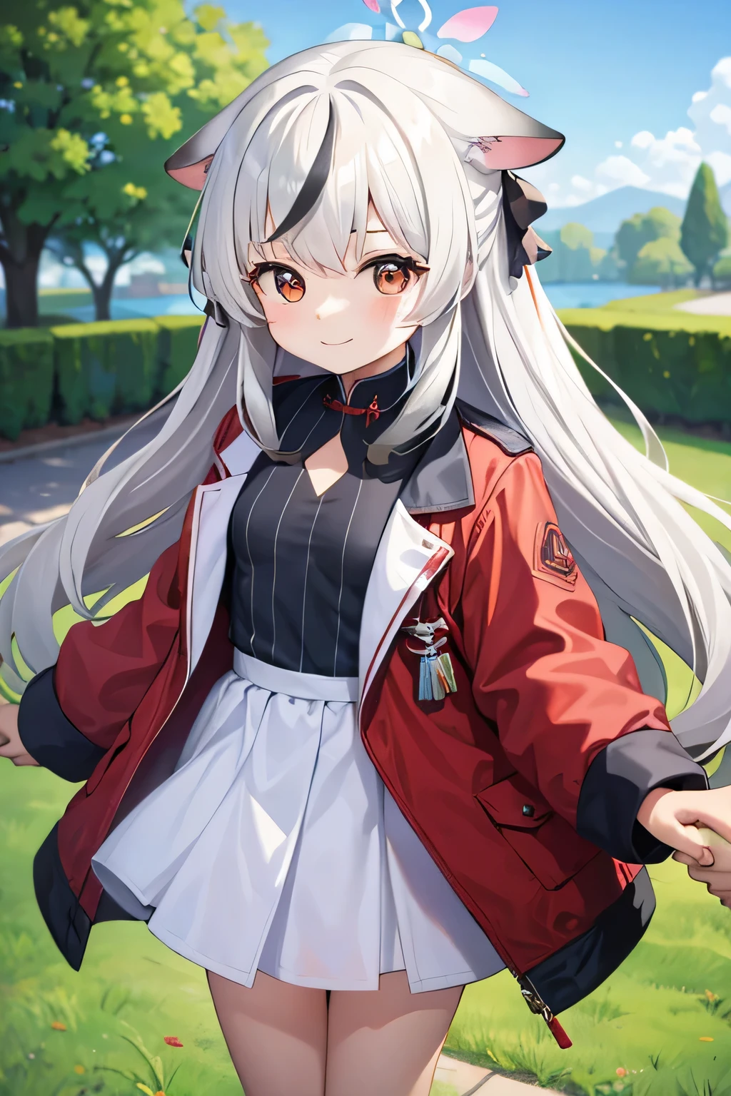 white hair, cute small girl, chibi, wearing red jacket, outdoor masterpiece, 4k quality, 4k resolutions, long hair, smile, holding hands