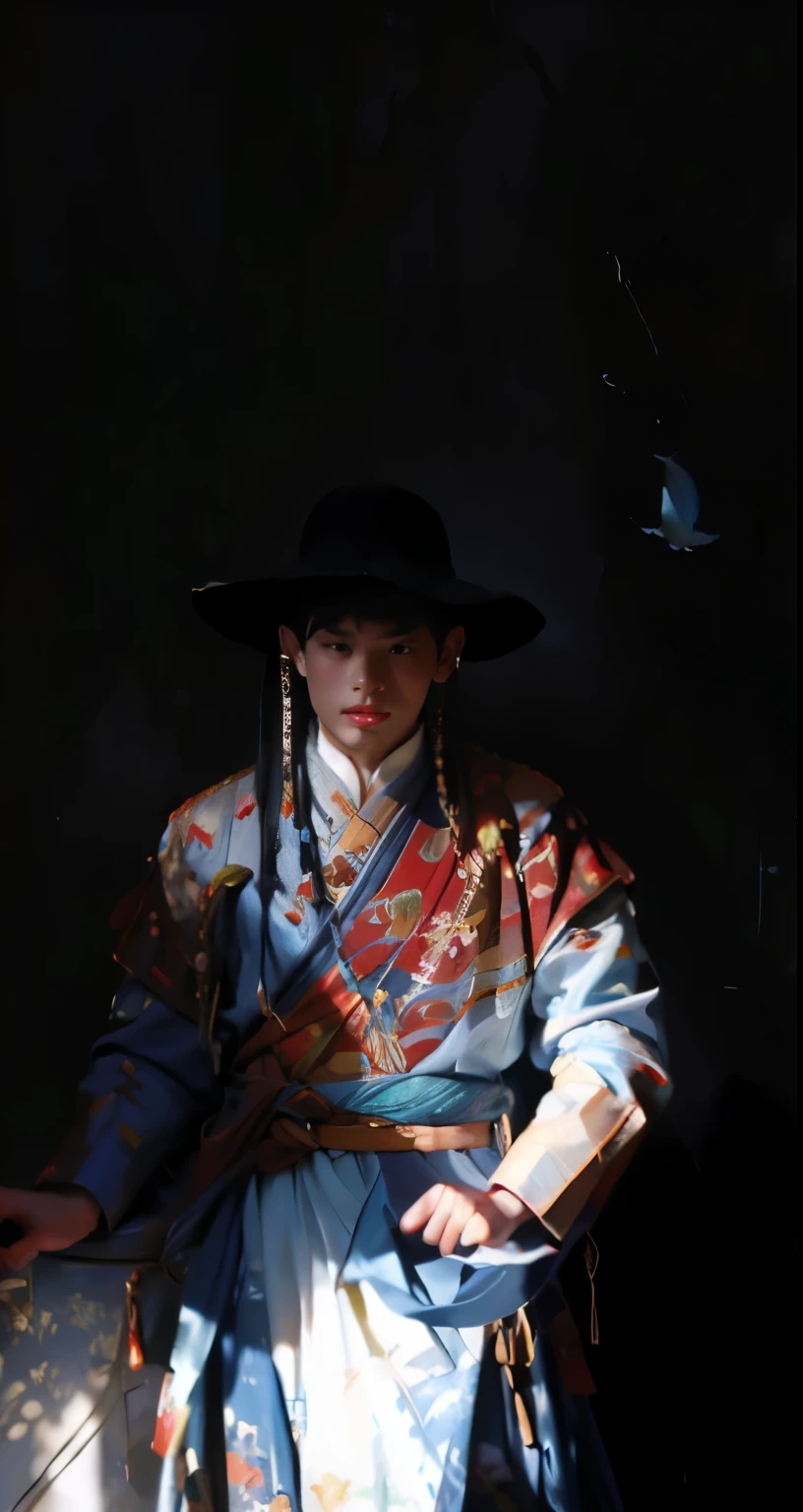 A young man，very young，Wearing a flying fish suit，head down，glare，HD，The painting style is quiet，Warm tones，Traditional Chinese clothing，Jinyiwei，best quality，excellent work