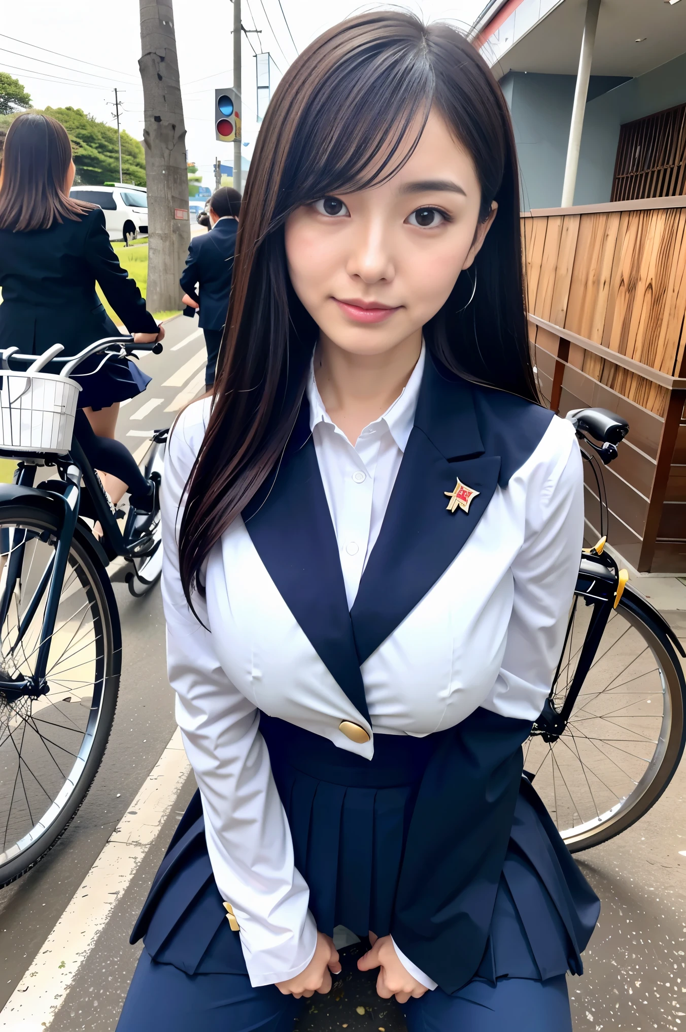 Japan、high school girl、bicycle、In town、エッチなunderwear、big breasts、gal、uniform、blazer、underwear、Poop sitting、squat、Raise both hands high、skirt、buttをつきだす、backwards、back、butt、pants visible、Get on your knees、super minisuka