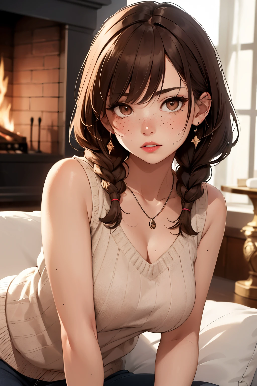 ((best quality)), ((masterpiece)), (detailed), Ridiculous resolution, ultra-high resolution, hyper resolution, (masterpiece:1.4), Hyper-detailing, a woman. She is 17 years old. Auburn hair. She has bangs in her hair. Braids. red lips. closed lips. she is blushing. she has freckles. (Ultra detailed brown eyes:1.4)). she is lying on a sofa by the fireplace. She is wearing a blue colored sleeveless wool sweatshirt. necklace. She is upset.

