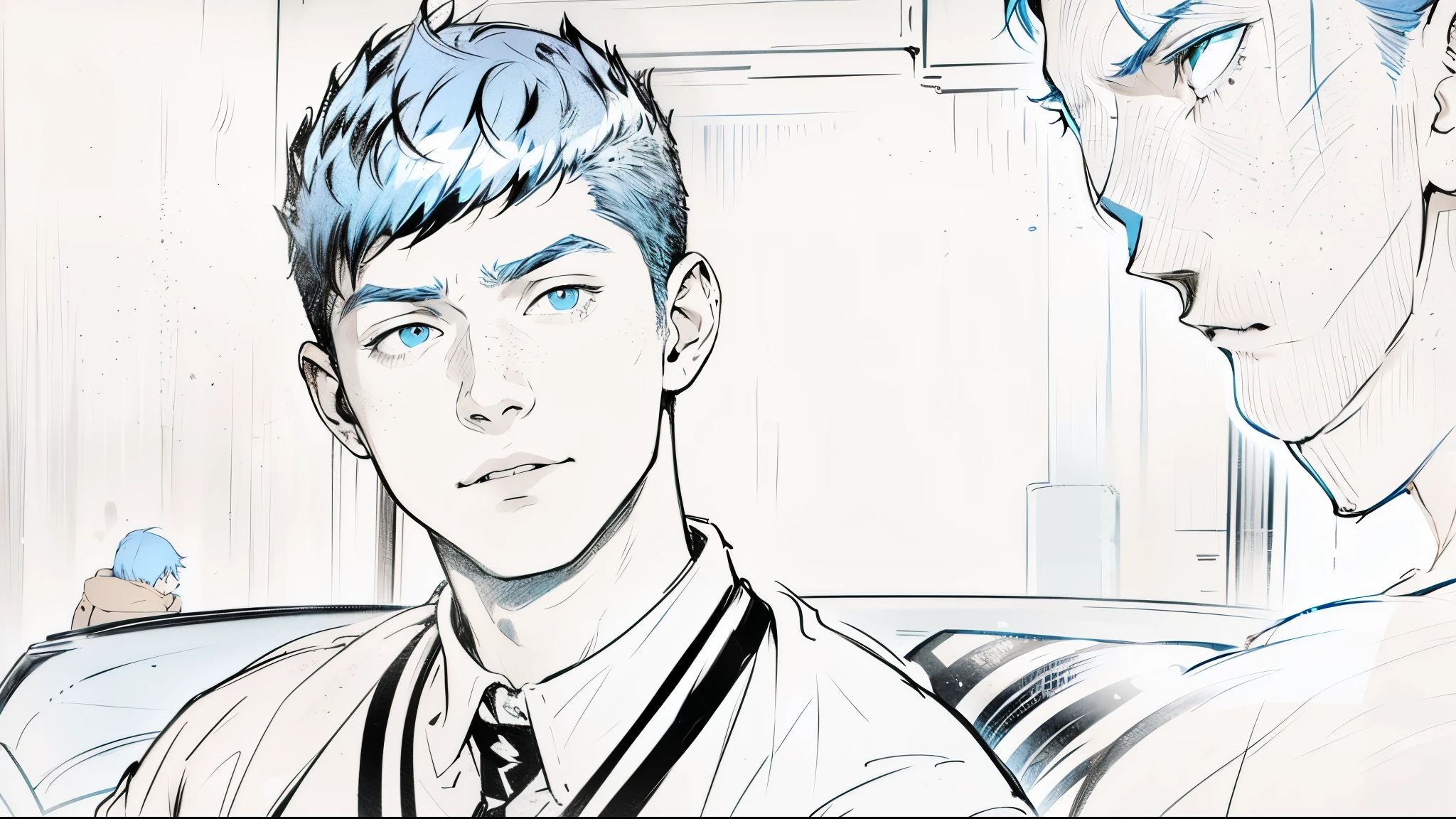 two handsome young boys of 14 years old with blue hair are looking with suspicion and fear at someone