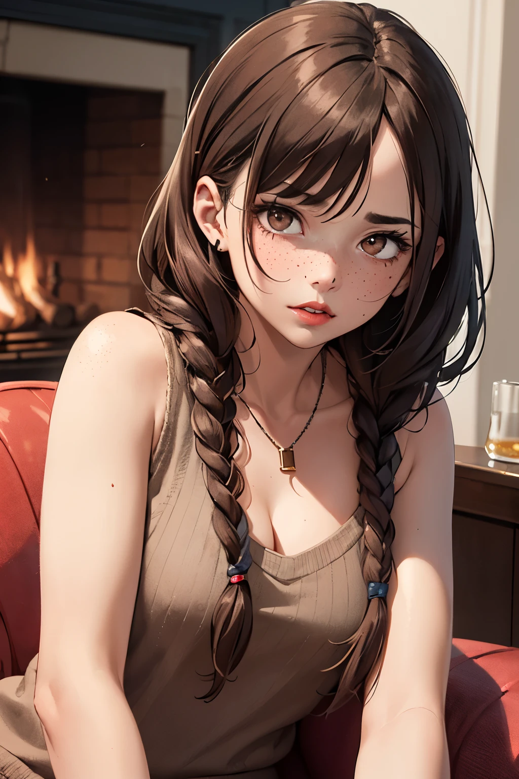 ((best quality)), ((masterpiece)), (detailed), Ridiculous resolution, ultra-high resolution, hyper resolution, (masterpiece:1.4), Hyper-detailing, a woman. She is . Brown hair. She has bangs in her hair. Braids. red lips. closed lips. she is blushing. she has freckles. (Ultra detailed brown eyes:1.4)). she is lying on a sofa by the fireplace. She is wearing a sleeveless wool sweatshirt. necklace. She is upset.
