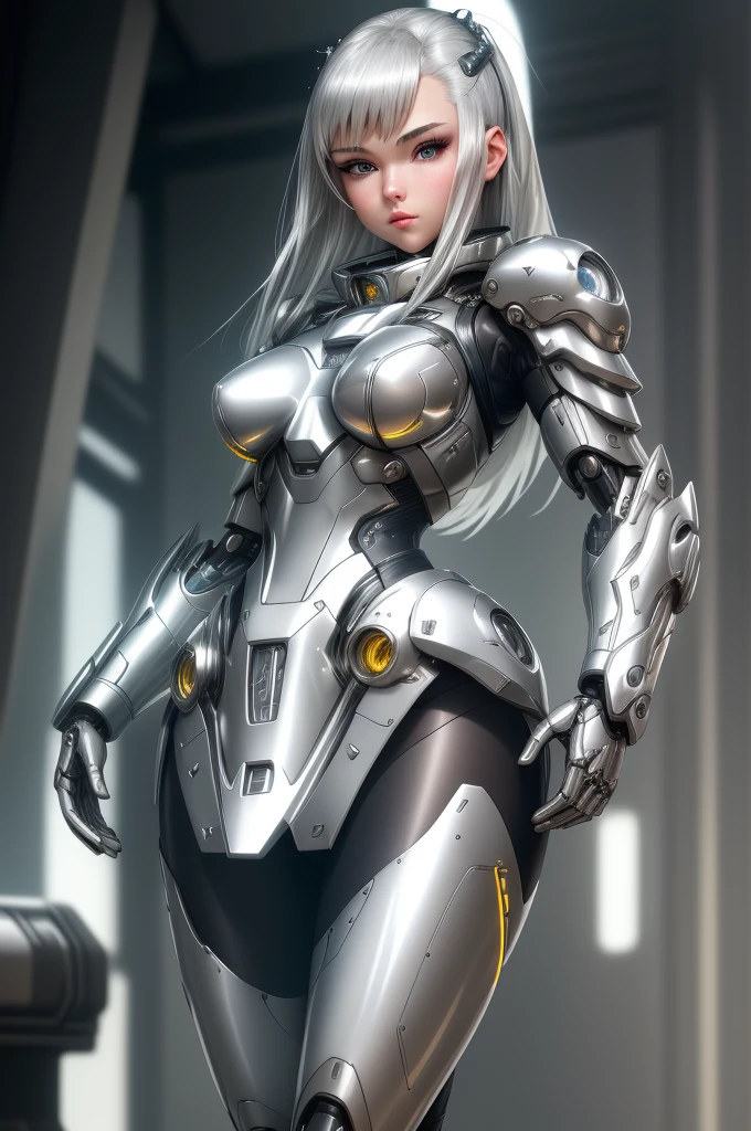 silver garment,tights,woman,Perfect body,Detail showcased,sexy,Fantasy,magic,Metal streamlined mecha,Streamlined machinery,Humanity,jumpsuit,Streamlined cyberpunk style,highest detail,Futurism,perfect girl,cute cyborg girl,Cyborg-silver-haired girl,beautiful women,Girl in mecha armor,HD,high quality, best quality ,