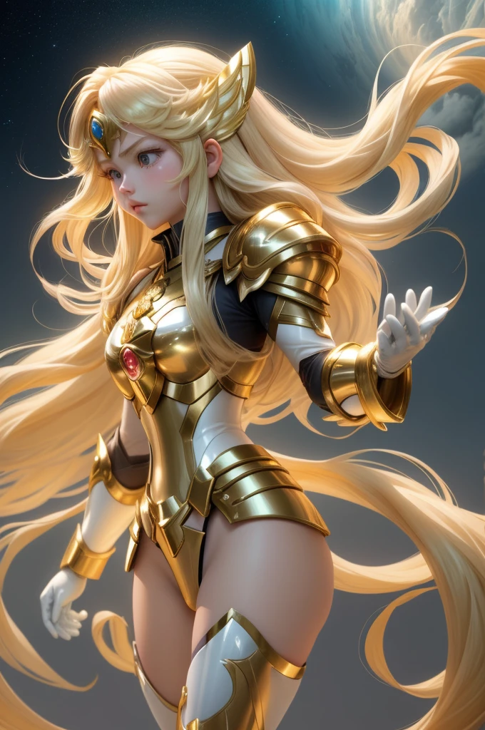  Saint Seiya，1 girl，blond，Gradient，Gradient背景，long hair，solo，1 girl，blond，bow，Gloves，long hair，Fantastic girl，solo ,