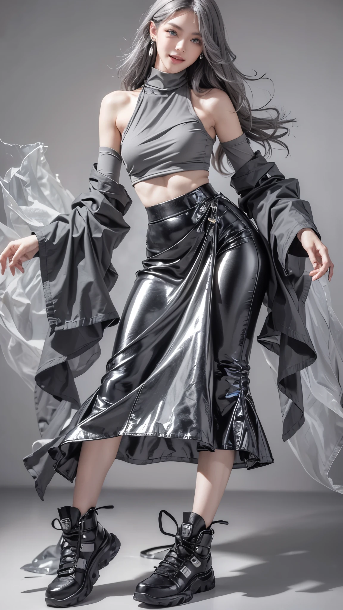 (Realistic:1.2), (fashion portrait:1.6), (brand collection, fashion brand theme:1.6), (detailed, beautiful, masterpiece, best quality:1.2), _ BREAK (1girl:1.2), 22 years old, 160 cm, Japanese cute model, Tightened all body, medium Breasts, small head, small face, diamond Face, small nose, Sharp Faceline, Detailed face, Detailed eyes, young hands and fingers, beautiful hands and fingers, five fingers, _ BREAK (happy, smile, Glossy Lips:1.3), (Light color lips, Half open mouth, beautiful Teeth:1.2), (dropy eyes, Double eyelid, light color eyes, Shiny eyes:1.5), Shiny skin, _ BREAK (arranged hairstyle:1.4), (gray hair, shiny hair, _ BREAK (gray background:1.4), mist, fog:1.4), _ BREAK (wide angle:1.4), (sitting, fashion model pose:1.2), focus face, from below, BREAK (Cyberpunk and wool fusion:1.3), ((wear an oversized black wool turtleneck with rubberized surface) for a luxurious, futuristic, bodysuit, High legs, and warm feel:1.2), (large sleeves:1.2), (7/8 length:1.2), (simple yet cyberpunk-themed design:1.3), BREAK (black and White theme:1.3), (Low rise pants with a black subtle reflective pattern:1.2), (Low rise long skirt:1.4), (Thick sole technical High Sneaker with sleek metal details:1.2), (edgy and versatile:1.2),(Long drooping silver earrings:1.4),