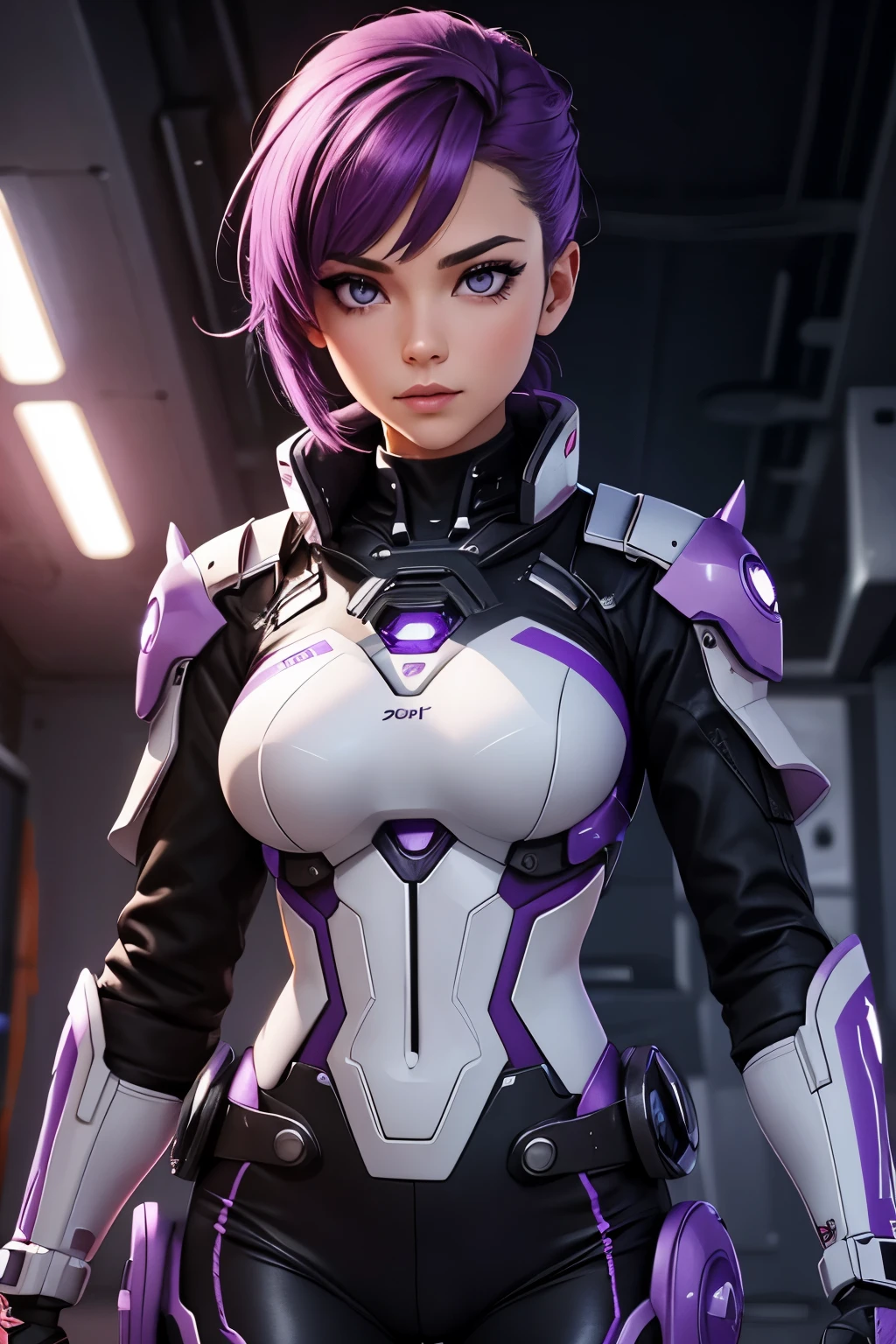 reporter woman with spiked violet hair and white cybernetic eyes in military clothes