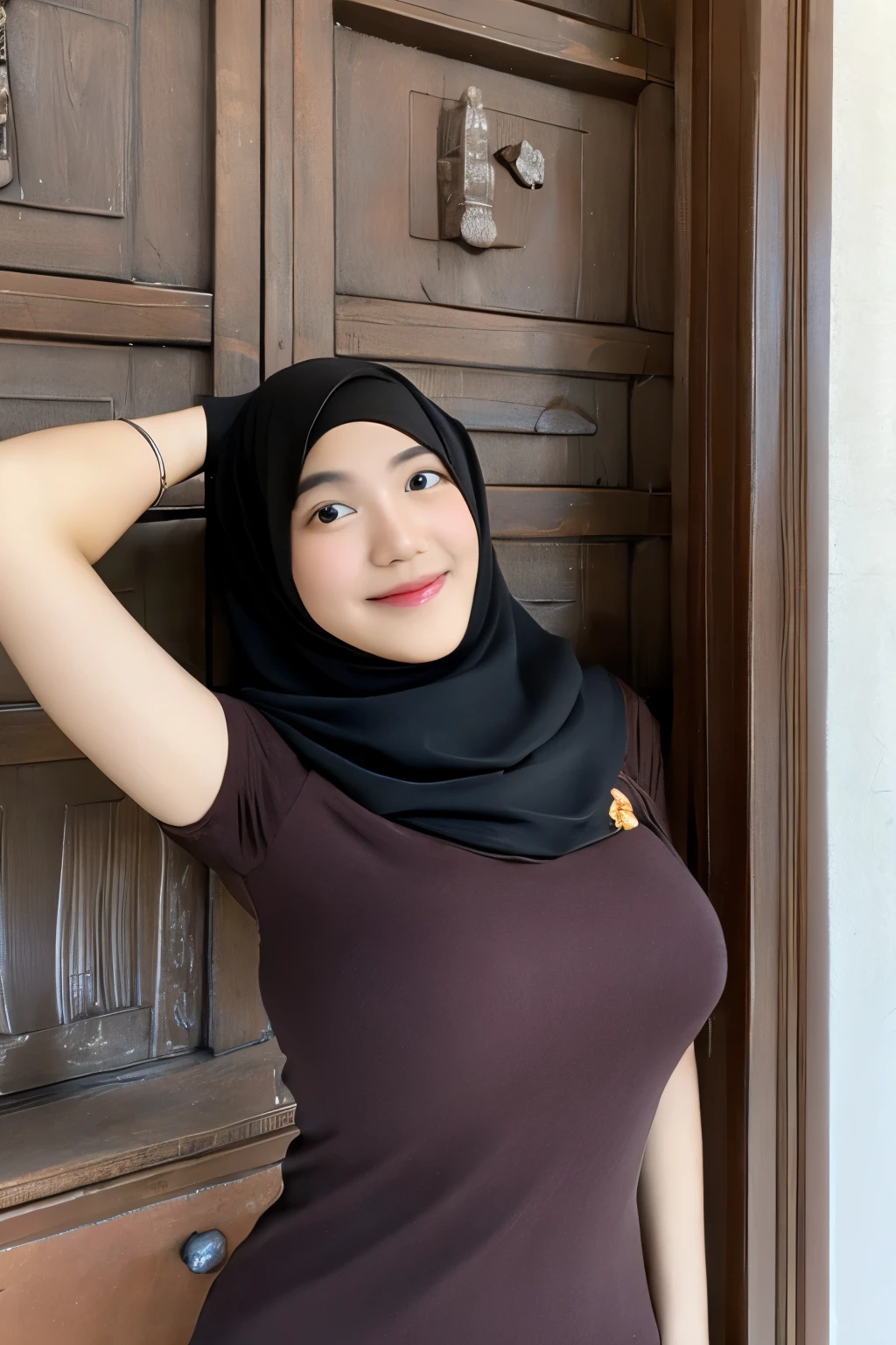 1girl, a young asian woman with muslim clothes,busty,dynamic pose,sexy smile,eye glass,hijab,armpit,hourglass body,sexy body,eye on camera,mosque,monastery,wulandari