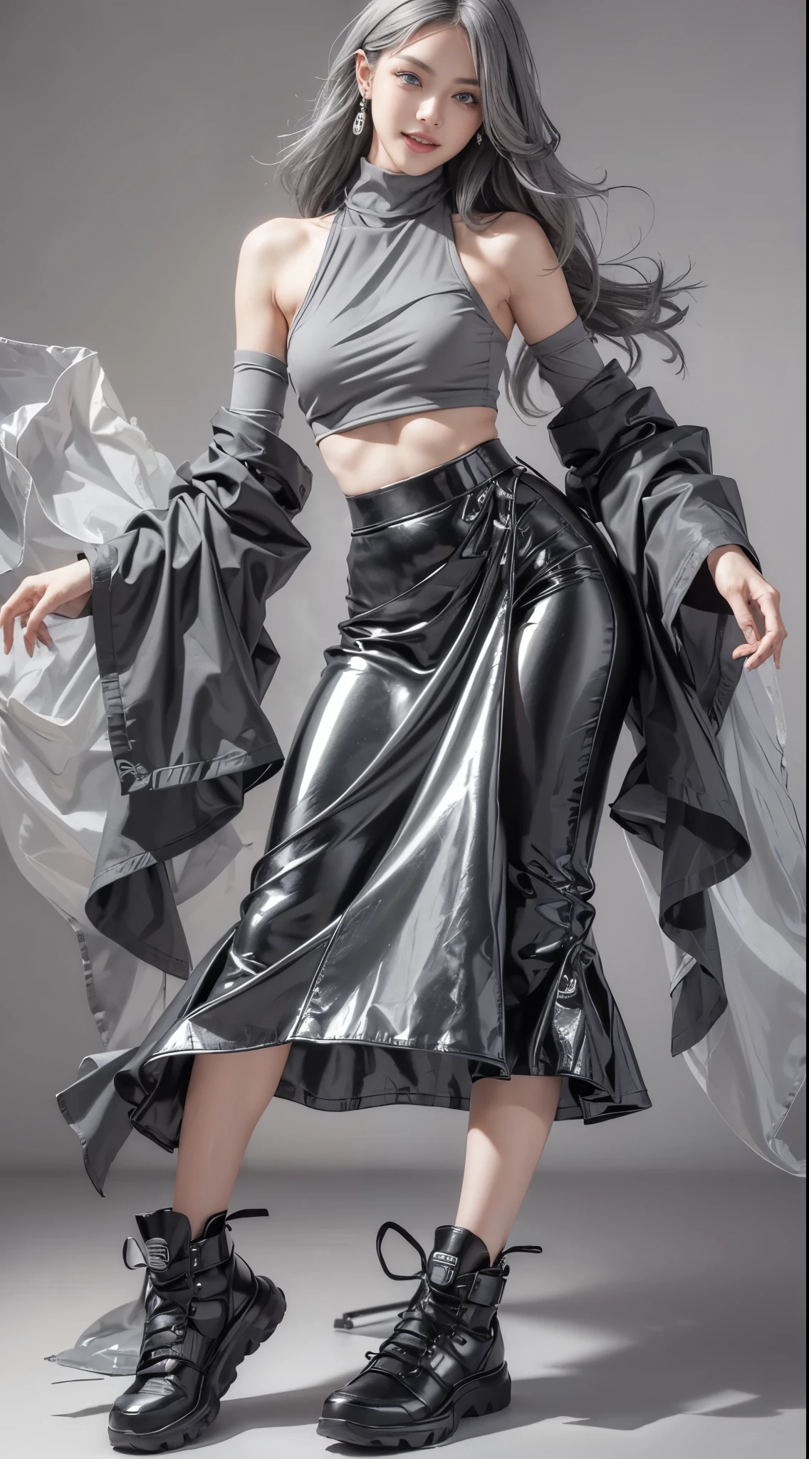 (Realistic:1.2), (fashion portrait:1.6), (brand collection, fashion brand theme:1.6), (detailed, beautiful, masterpiece, best quality:1.2), _ BREAK (1girl:1.2), 22 years old, 160 cm, Japanese cute model, Tightened all body, medium Breasts, small head, small face, diamond Face, small nose, Sharp Faceline, Detailed face, Detailed eyes, young hands and fingers, beautiful hands and fingers, five fingers, _ BREAK (happy, smile, Glossy Lips:1.3), (Light color lips, Half open mouth, beautiful Teeth:1.2), (dropy eyes, Double eyelid, light color eyes, Shiny eyes:1.5), Shiny skin, _ BREAK (arranged hairstyle:1.4), (gray hair, shiny hair, _ BREAK (gray background:1.4), mist, fog:1.4), _ BREAK (wide angle:1.4), (sitting, fashion model pose:1.2), focus face, from below, BREAK (Cyberpunk and wool fusion:1.3), ((wear an oversized black wool turtleneck with rubberized surface) for a luxurious, futuristic, bodysuit, High legs, and warm feel:1.2), (large sleeves:1.2), (7/8 length:1.2), (simple yet cyberpunk-themed design:1.3), BREAK (black and White theme:1.3), (Low rise pants with a black subtle reflective pattern:1.2), (Low rise long skirt:1.4), (Thick sole technical High Sneaker with sleek metal details:1.2), (edgy and versatile:1.2),(Long drooping silver earrings:1.4),