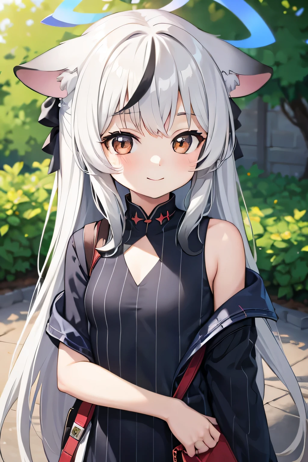 white hair, cute small girl, chibi, outdoor masterpiece, 4k quality, 4k resolutions, long hair, smile, halo on head, upper body, animal ears, black clothes