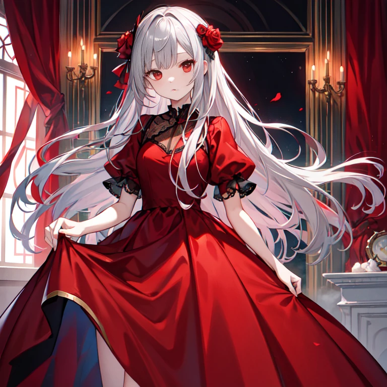 Stinking eyes、Red dress、dress with rose embroidery、gray hair、red eyes、long hair、high resolution、masterpiece、