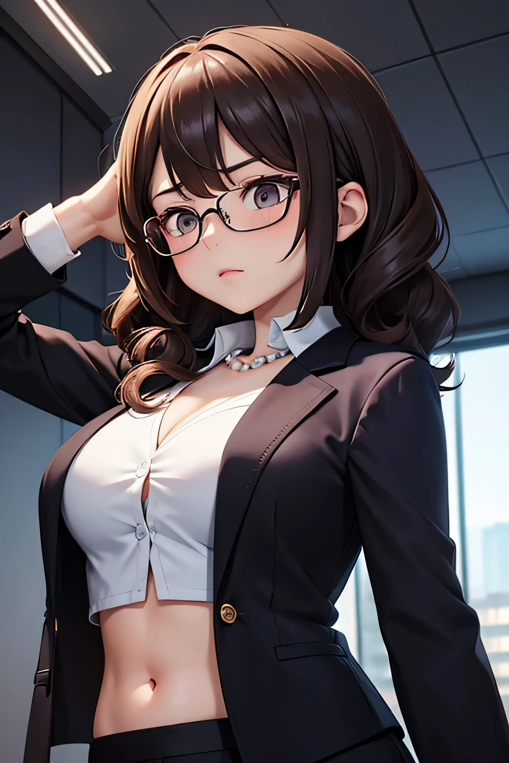 super fine illustration, vibrant colors, masterpiece, sharp focus, best quality, depth of field, cinematic lighting, ultra detailed, business coat, business jacket, office lady, 1 woman, solo, midriff, tummy, belly button, navel, ceiling, close up, medium breasts, curly hair, long hair, straightskirt, pearl necklace, makeup, dark brown hair, annoyed, from below, glasses, hand on forehead, headache
