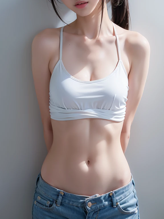 Girl posing for photo in white bra and tight denim，Keep your arms behind your back，full bodyesbian，With a cropped T-shirt、brassier，Slim body，Smaller bust，Slim girl model，24 years old female model，Long hair，Single ponytail, small breast