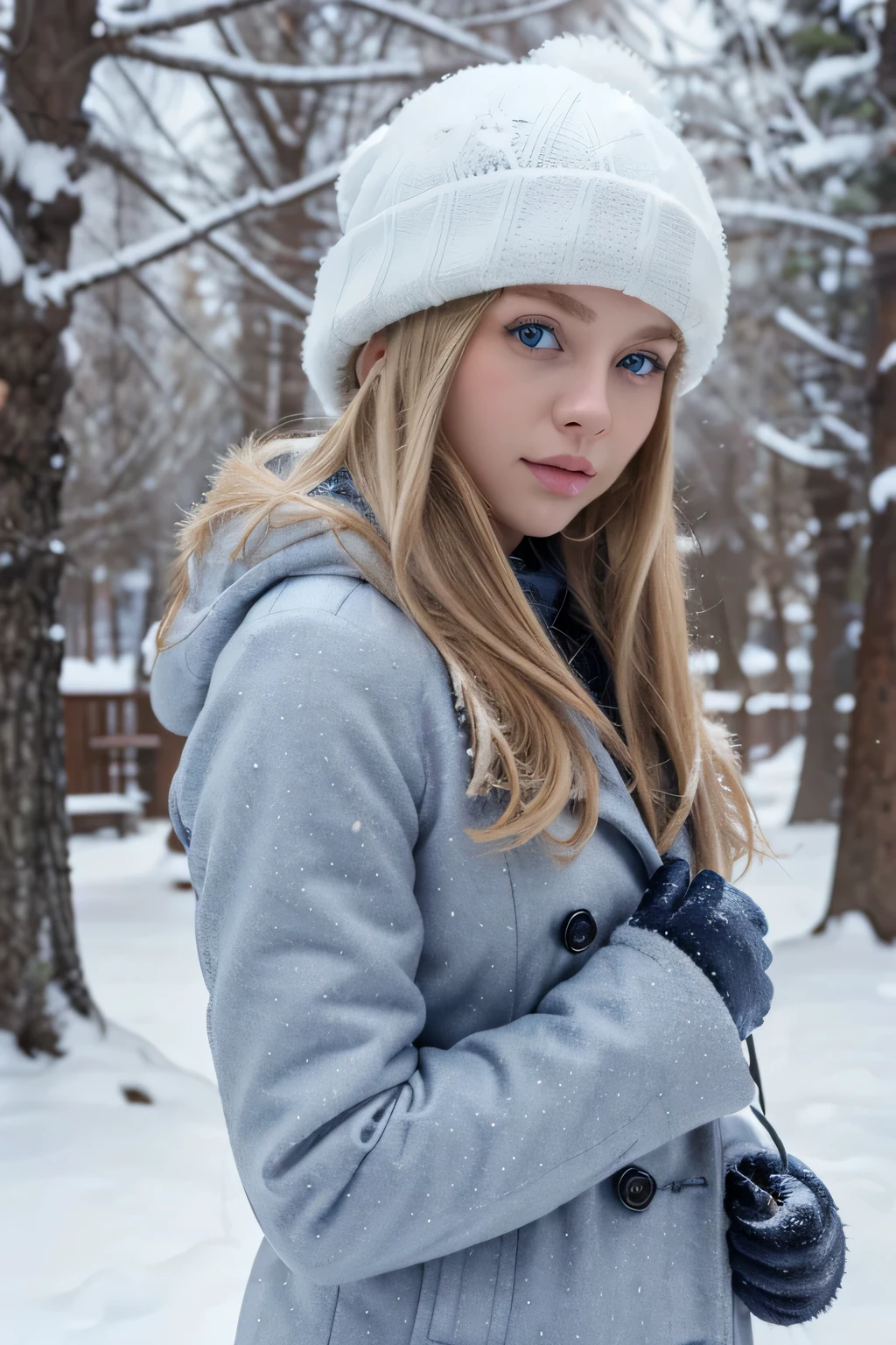 Chica vestida con ropa de invierno, abrigo, guantes. Color de cabello rubio con una cara linda., ojos azules perfectos. Body size B. Todo el cuerpo. Fondo nevado. High Definition Quality, 8k, mujer joven, 26 years old. obra maestra, foto realista, detalles intrincados, foto cruda, ultra detallado