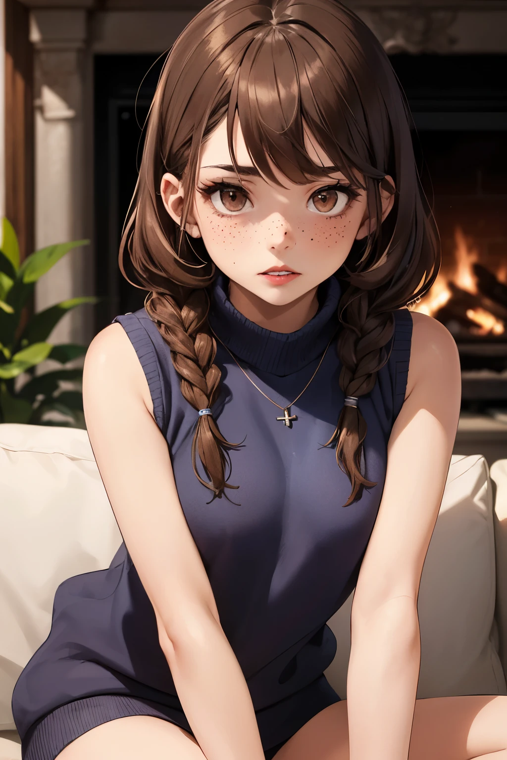 ((best quality)), ((masterpiece)), (detailed), Ridiculous resolution, ultra-high resolution, hyper resolution, (masterpiece:1.4), Hyper-detailing, a woman. She is . Brown hair. She has bangs in her hair. Braids. red lips. closed lips. she is blushing. she has freckles. (Ultra detailed brown eyes:1.4)). she is lying on a sofa by the fireplace. She is wearing a blue colored sleeveless wool sweatshirt. necklace. She is upset.
