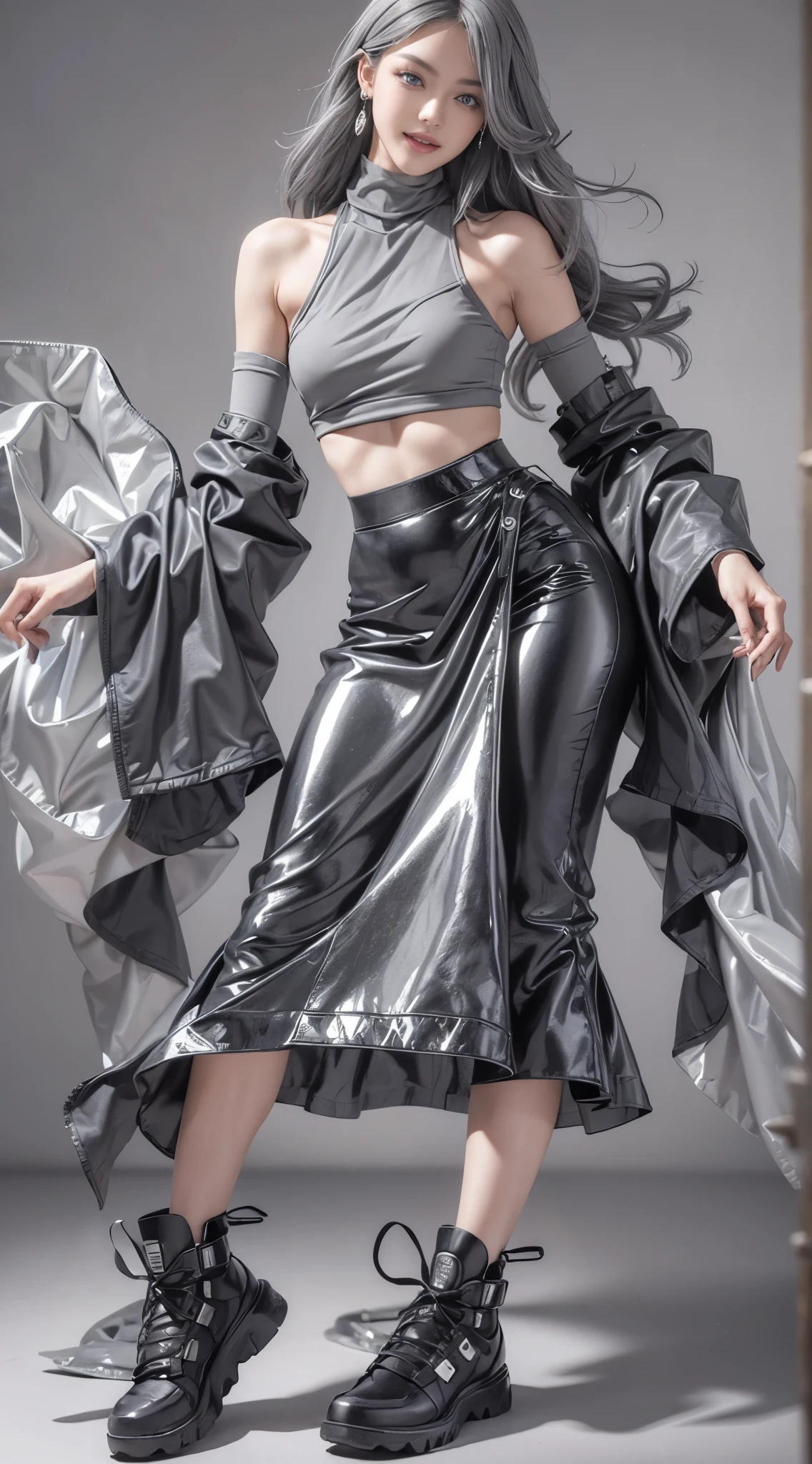 (Realistic:1.2), (fashion portrait:1.6), (brand collection, fashion brand theme:1.6), (detailed, beautiful, masterpiece, best quality:1.2), _ BREAK (1girl:1.2), 22 years old, 160 cm, Japanese cute model, Tightened all body, medium Breasts, small head, small face, diamond Face, small nose, Sharp Faceline, Detailed face, Detailed eyes, young hands and fingers, beautiful hands and fingers, five fingers, _ BREAK (happy, smile, Glossy Lips:1.3), (Light color lips, Half open mouth, beautiful Teeth:1.2), (dropy eyes, Double eyelid, light color eyes, Shiny eyes:1.5), Shiny skin, _ BREAK (arranged hairstyle:1.4), (gray hair, shiny hair, _ BREAK (gray background:1.4), mist, fog:1.4), _ BREAK (wide angle:1.4), (sitting, fashion model pose:1.2), focus face, from below, BREAK (Cyberpunk and wool fusion:1.3), ((wear an oversized black wool turtleneck with rubberized surface) for a luxurious, futuristic, bodysuit, High legs, and warm feel:1.2), (large sleeves:1.2), (7/8 length:1.2), (simple yet cyberpunk-themed design:1.3), BREAK (black and White theme:1.3), (Low rise pants with a black subtle reflective pattern:1.2), (Low rise long skirt:1.4), (Thick sole technical High Sneaker with sleek metal details:1.2), (edgy and versatile:1.2),(Long drooping silver earrings:1.4),