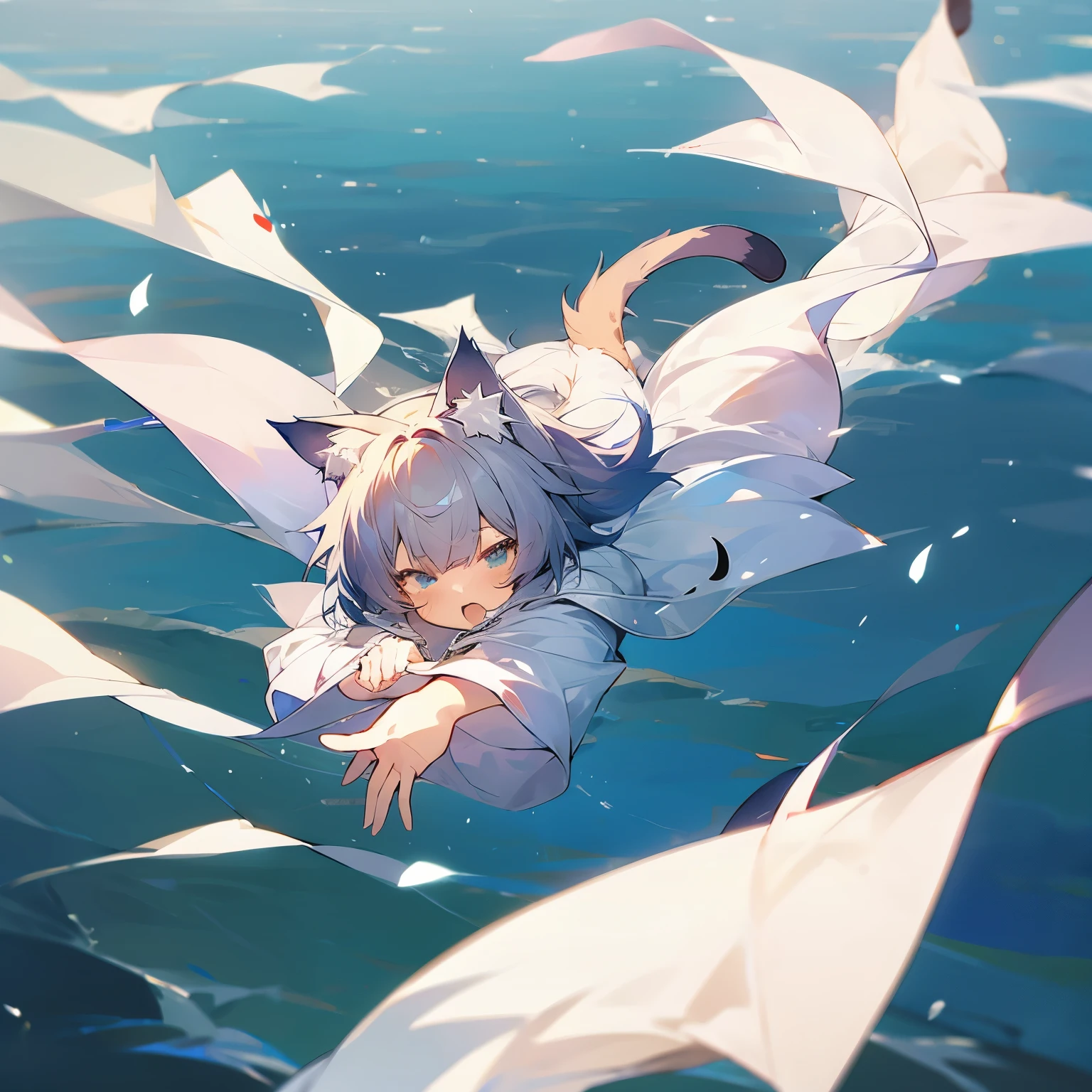 Cat ear，white silk，girl，Two dimensions，anime style