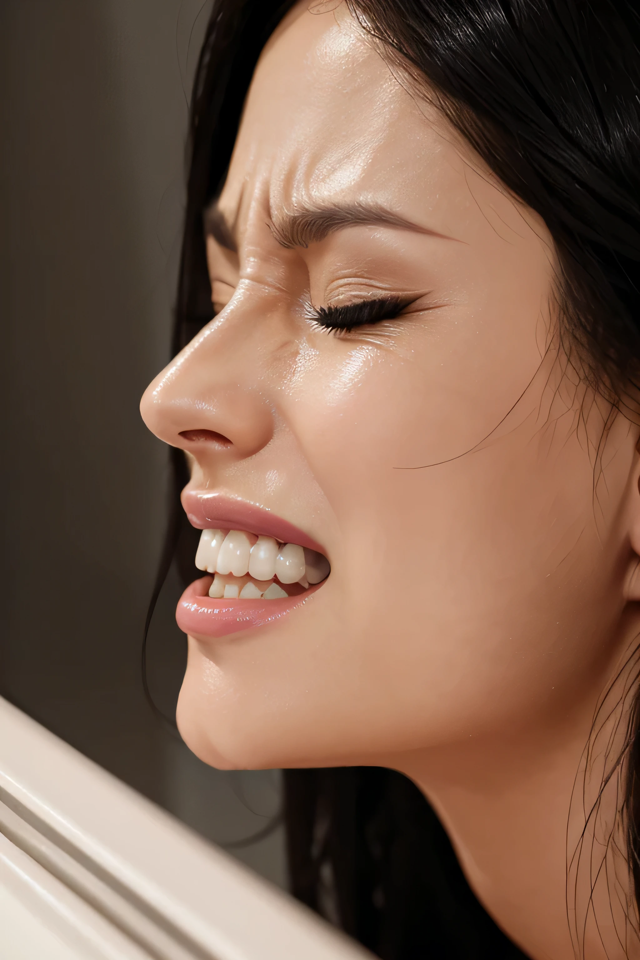 beautiful japanese actress,1 girl,pieces fly,,award winning photos, very detailed, edge orgasm,face focus, (woman with open mouth and closed eyes ), 30 years old、black hair、shiny skin、close up of face,from below、realistic nostrils、elongated nasal passages,,、toilet、(会社ののtoilet)、congestion、Are standing、((suit))、big breasts、(sharp nose)grimacing Performance:1.4, concept,teeth,Performance,facial Performances,grimacing,raise your head、(((apply oil to the face,Face glowing with oil)))