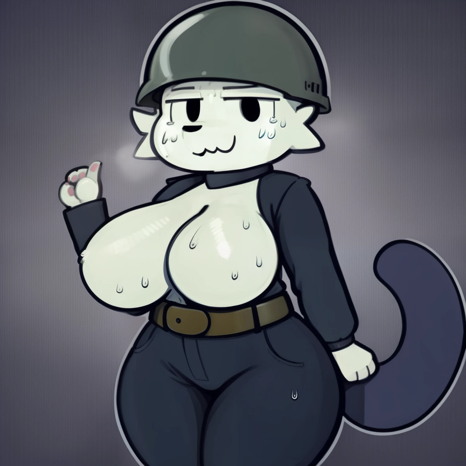 Silly cat, girl, wide hips, cat, antro, white cat,thick legs, body slim, huge breasts, sweat, wearing navy blue pants, wearing navy blue jacket, wearing a dark green army helmet, brown belt,