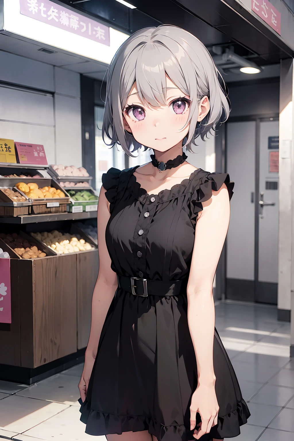 kawaiitech, pastel colors, kawaii, cute colors, Seiko Kimura (Danganronpa/Seiko Kimura) 1girl, gray hair, short hair, purple eyes, bangs over one eye, black dress, ((((black dress))))