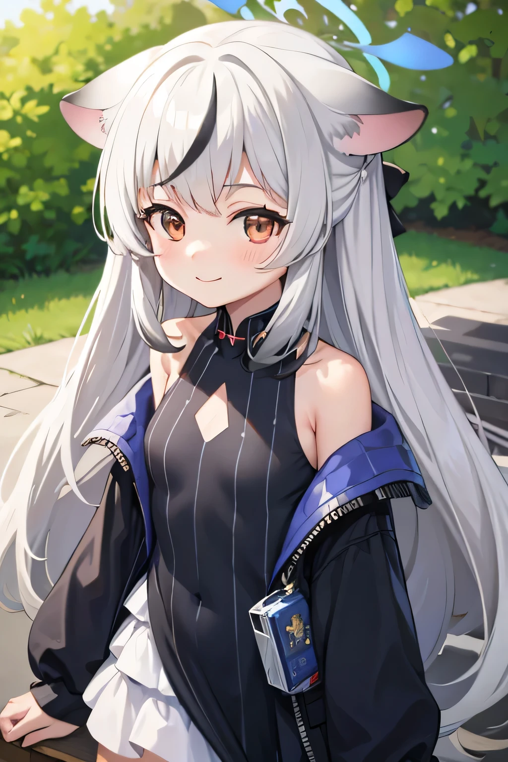 white hair, cute small girl, chibi, outdoor masterpiece, 4k quality, 4k resolutions, long hair, smile, halo on head, upper body, animal ears, black clothes