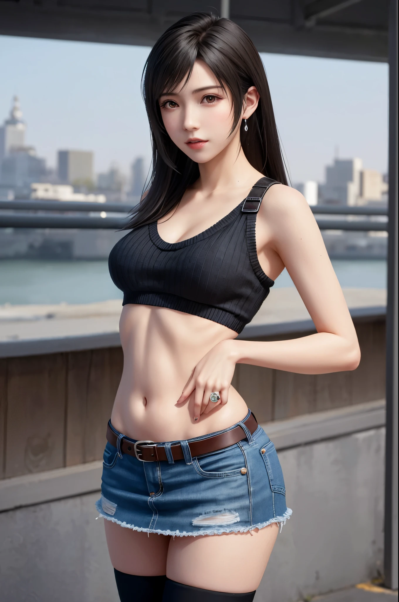 (top quality, masutepiece: 1.1), (Realistic: 1.3), (photoRealistic: 1.3), BREAK (((FF7,Tifa_lockhart))),(solo,Tifa:1.2),((Mid-Riff Sweater)),((Ultra-low rise,Denim Mini Skirt)),((Navel Ejection)),(tight long boots),((is standing)),(big city background:1.1,outdoor),(cool pose:1.1),Ultra-detailed face, Detailed eyes,Red eyes, BREAK (((FF7,Tifa_lockhart))),(black brown hair, Large breasts: 1.2), BREAK (Small and beautiful hard nipple)  About 18 years old,kawaii,face focus:1.2,sensual,looking at viewer,