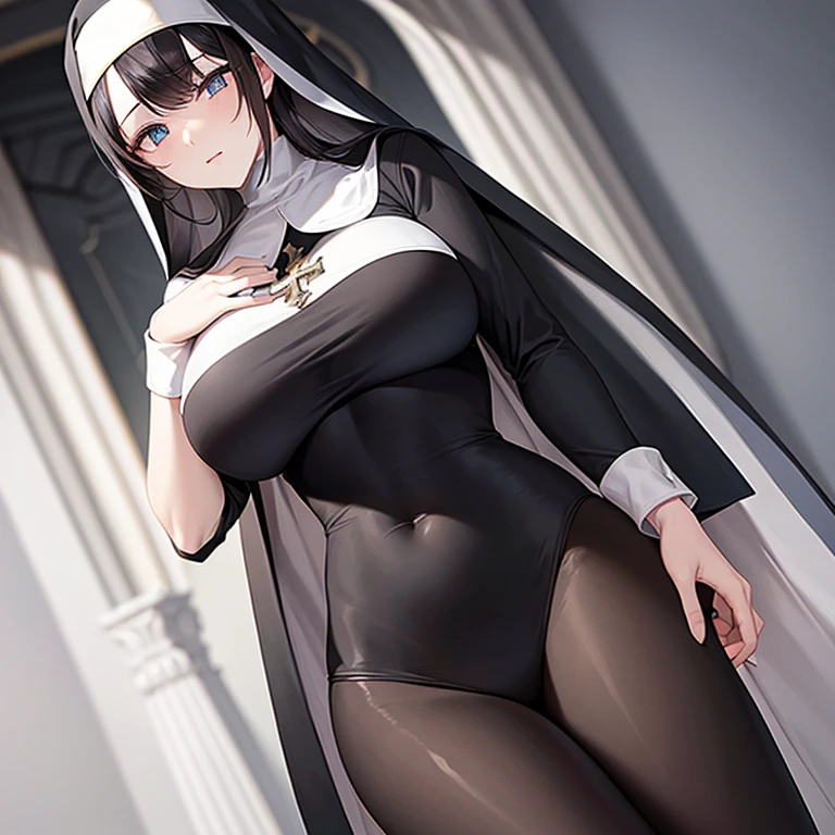 (((Alone))),(((Woman))),(((Big breasts))),(((Thin waist))),(((Large thighs))),(((Pale skin)) ),(((Gothic))),(((Black hair))),(((Blue eyes))),(((Wearing a nun's outfit)))