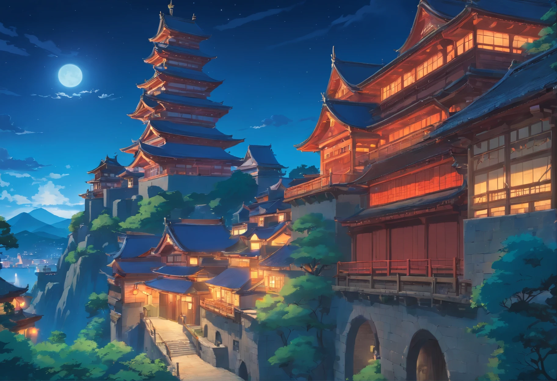 Beautiful 8K and beautiful image quality. It use mainly dasty red, blue and black. quiet night, moon shining, blue sky. the style similar to Japanese anime or game. It details inspire of the style of cool Japanese castle like Osaka Castle from 500meters far away 