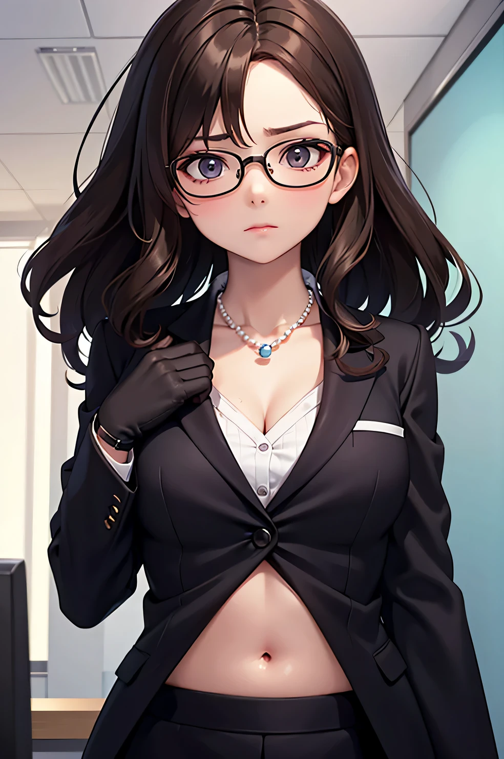 super fine illustration, vibrant colors, masterpiece, sharp focus, best quality, depth of field, cinematic lighting, ultra detailed, business coat, business jacket, office lady, 1 woman, solo, midriff, tummy, belly button, navel, ceiling, close up, medium breasts, curly hair, long hair, straightskirt, pearl necklace, makeup, dark brown hair, annoyed, from below, glasses, hand on forehead,
