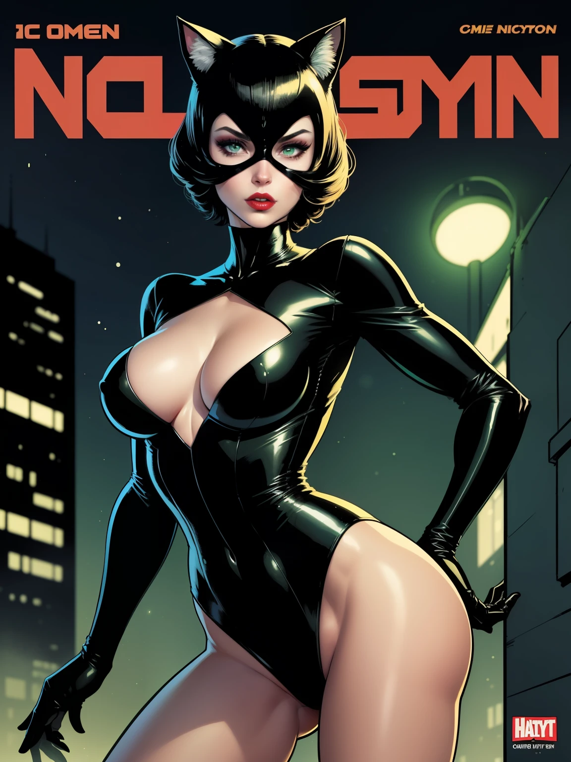 (((A comic book-style, cartoon art))) image of Catwoman, with her as the central figure. She is standing with her hands on her hips, looking straight ahead with determination. She wears a black costume, with cat ears and a mask, hot body, sesual, sexy. She has short, straight dark hair, green eyes and red lips. She is surrounded by a night city, with lights and shadows. She has a mysterious and seductive expression, as if she is ready to act.
