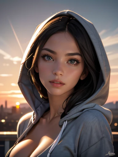 (((HD photo))), ultra high res.photorealistic:. 1.4, UHD, masterpiece, trending on artstation, upper body shot, close up shot of her face and cleavage, pretty, cute girl, most beautiful in the world, (titfucking),soft, delicate, long dark hair, slim body, large breasts, nsfw, wearing grey hoodie, sunkissed, sunset city background